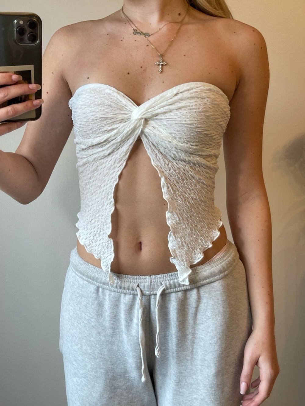 White Twist Front Strapless Crop Top